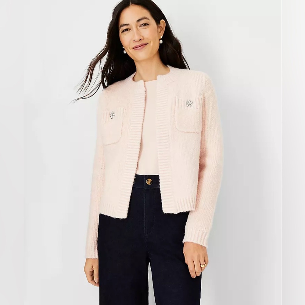 ANN TAYLOR Light Pink Jeweled Button Sweater Jacket Chanel Cardigan XS Petite